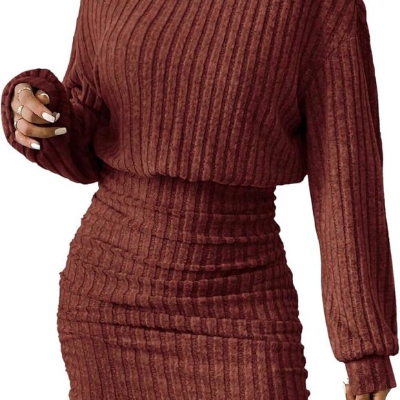 Dresses & Skirts - Women's Ribbed Knit Sweater Dress Long Lantern Sleeves Turtleneck Mini